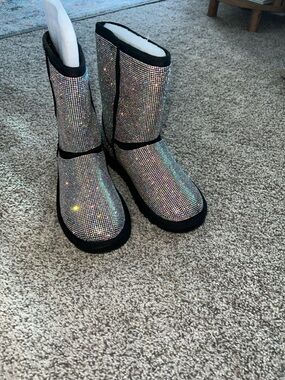 Sparkling Rhinestone Mid-Calf Boots - Holographic Crystal Shine